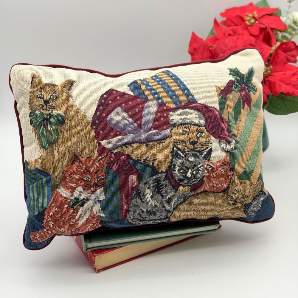Vintage Christmas Kittens Woven Tapestry Holiday Throw Pillow Accent Decor 16x12